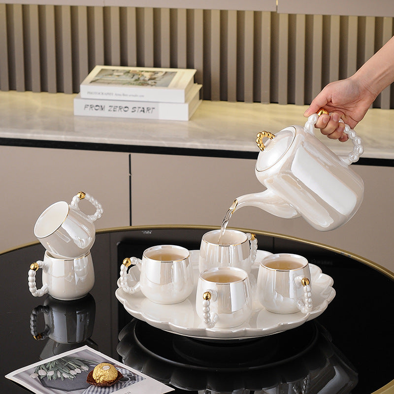 Nordic Pearl Dream Glass Ceramic Water Set Color Glazed Gold Edge Coffee Cup Tea Set with Tray
