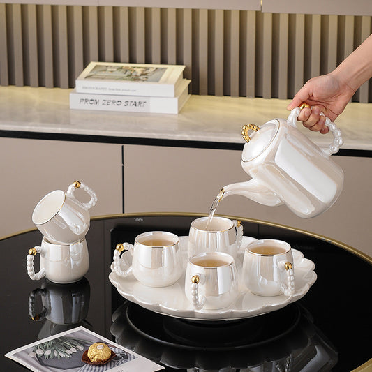 Nordic Pearl Dream Glass Ceramic Water Set Color Glazed Gold Edge Coffee Cup Tea Set with Tray