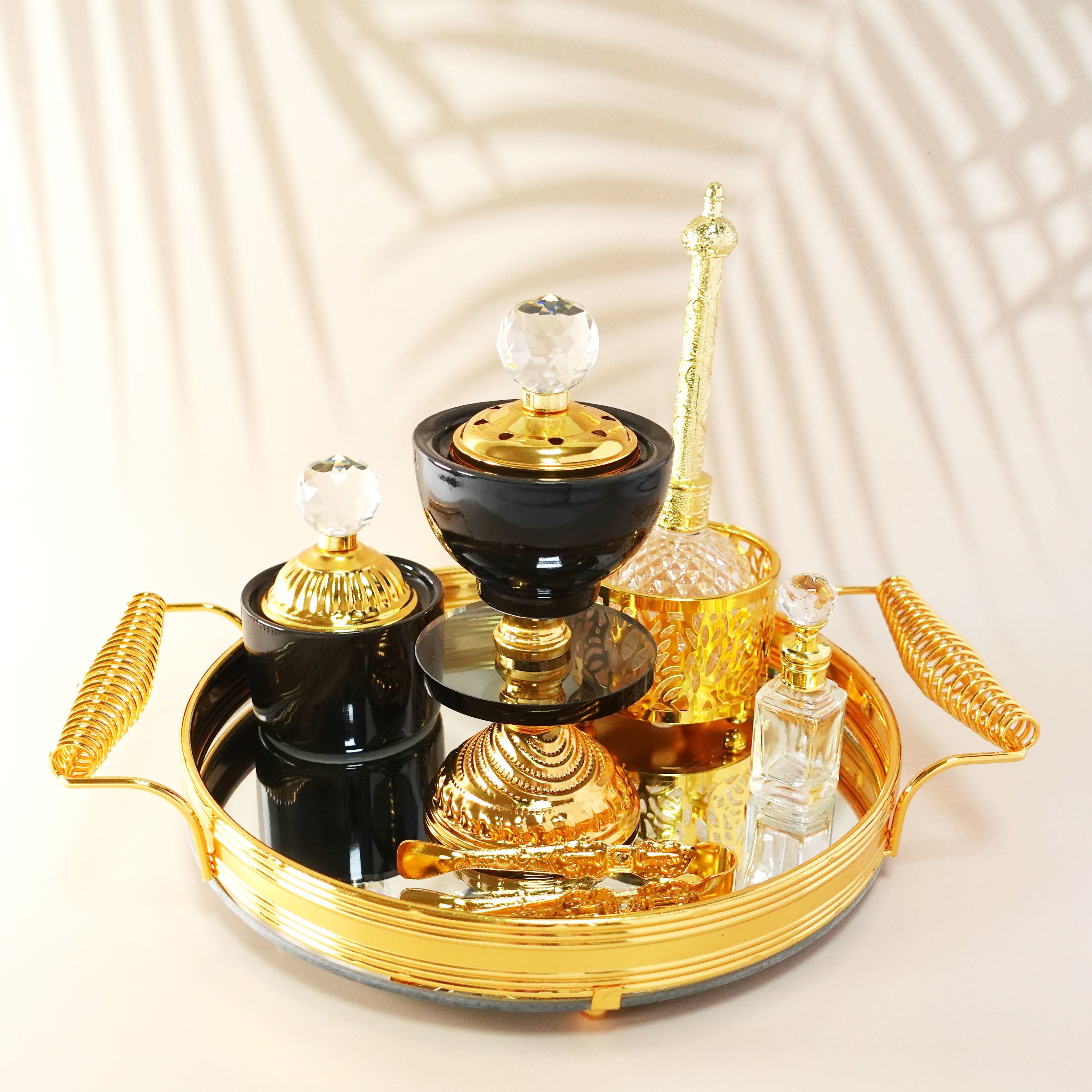 High-quality Black Glass Arabic Carbon Incense burner Set Party Decorative Mirror Tray Gold Spice Box Glass Bakhoor Aroma Set