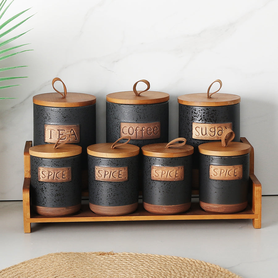 7 Pieces Ceramic White, Black  Kitchen Food Storage Canister Set with Wooden Lids