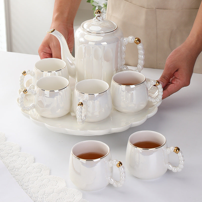 Nordic Pearl Dream Glass Ceramic Water Set Color Glazed Gold Edge Coffee Cup Tea Set with Tray