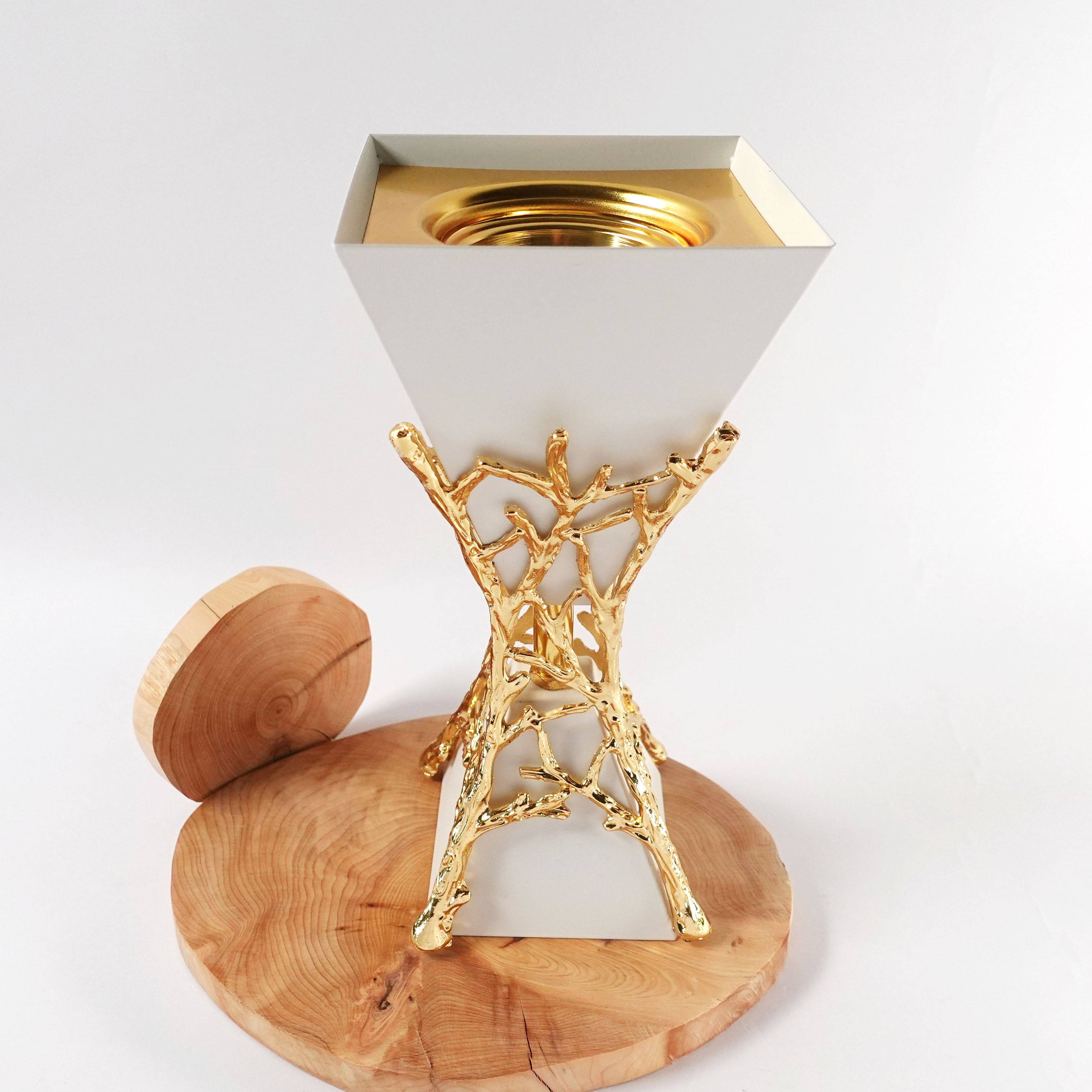 Modern Style White Square Shape Bakhur Burner With Golden Stand