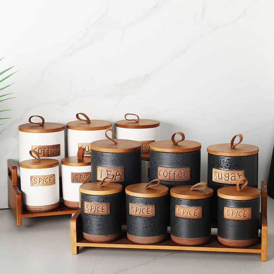 7 Pieces Ceramic White, Black  Kitchen Food Storage Canister Set with Wooden Lids
