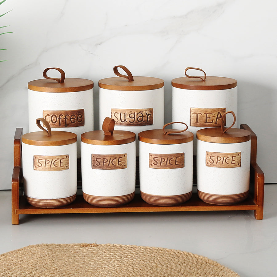 7 Pieces Ceramic White, Black  Kitchen Food Storage Canister Set with Wooden Lids