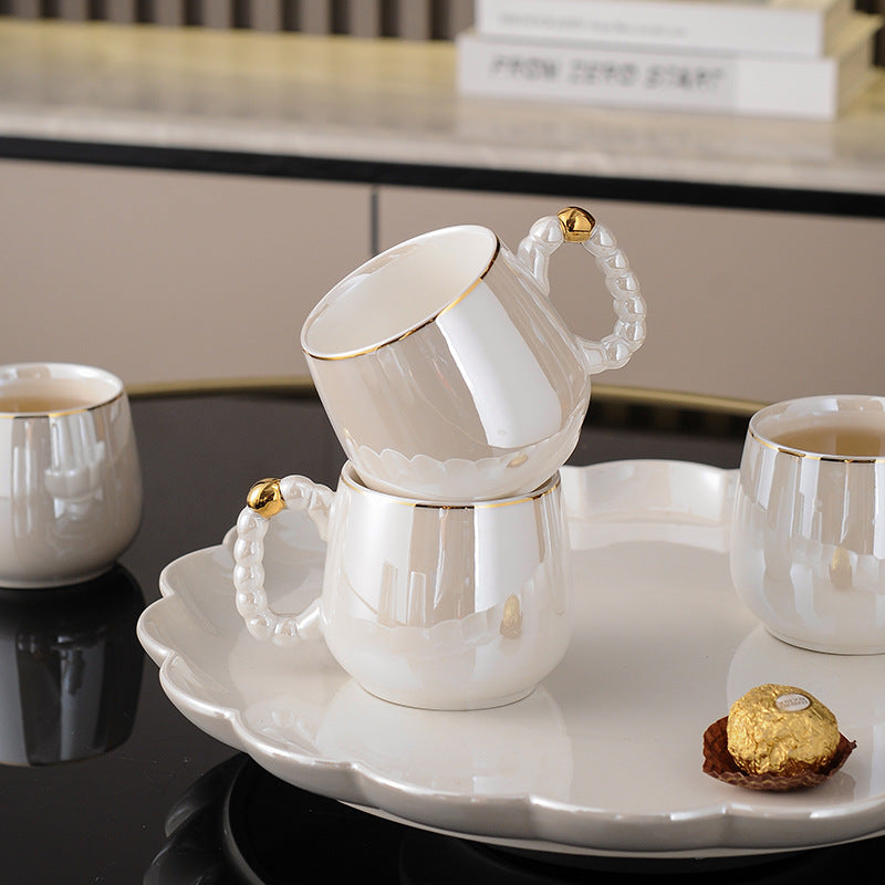 Nordic Pearl Dream Glass Ceramic Water Set Color Glazed Gold Edge Coffee Cup Tea Set with Tray